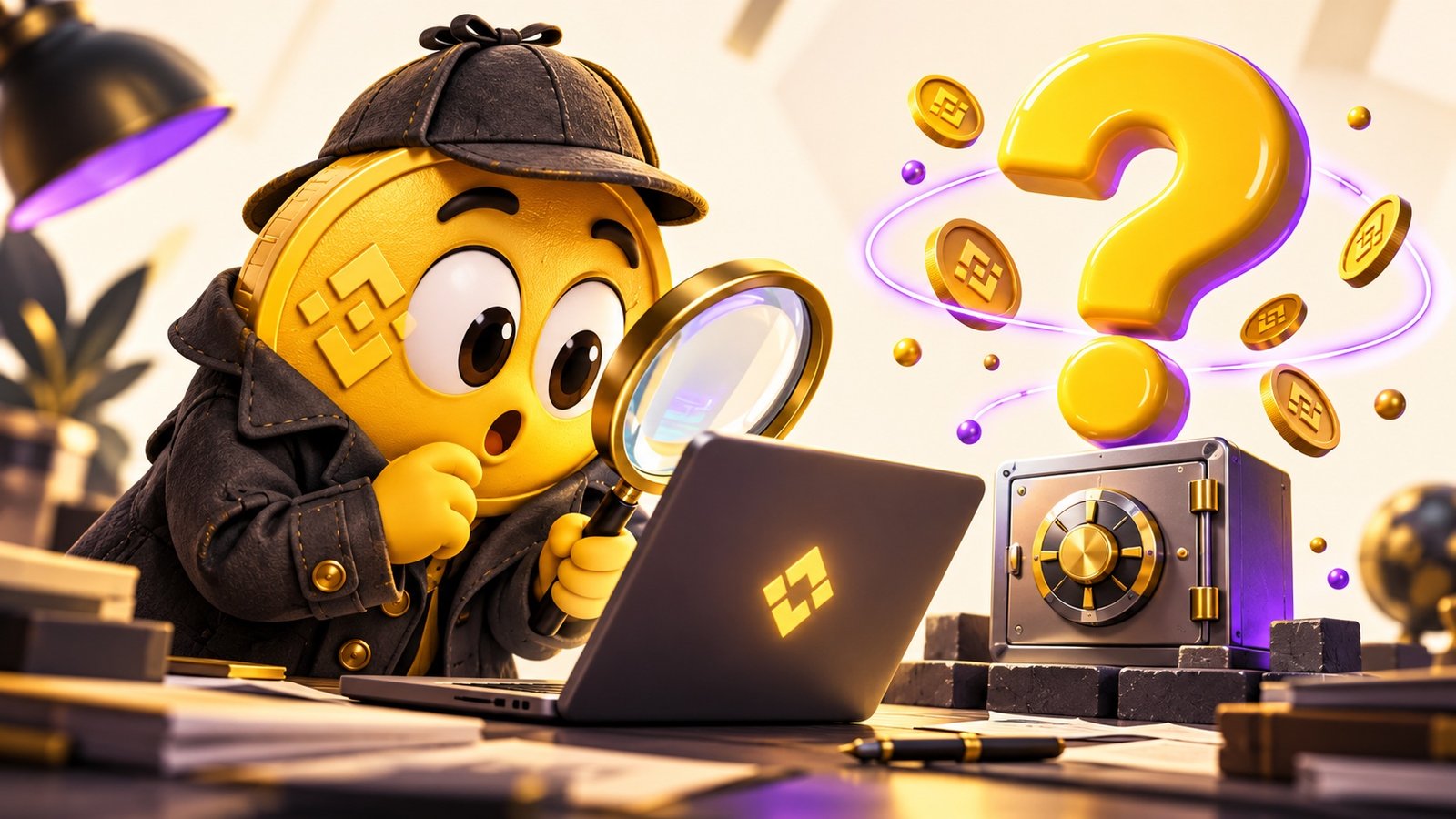 Ilustración de una moneda detective sorprendida, con una lupa, un portátil y un signo de interrogación amarillo