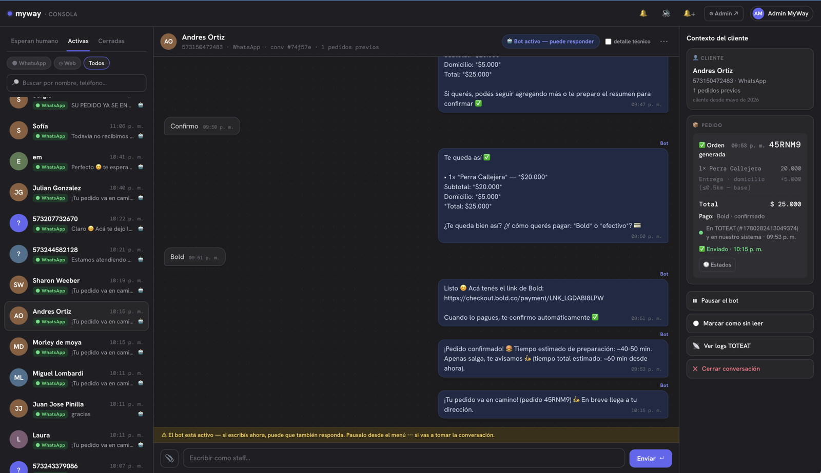 Panel de conversación en vivo del bot para restaurante MyWay por WhatsApp